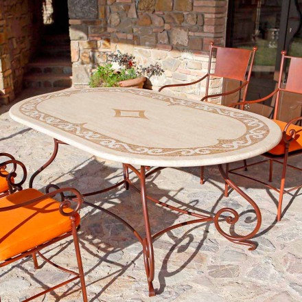 Table d'extérieur en travertin avec inserts en mosaïque Made in Italy - Elegant Viadurini