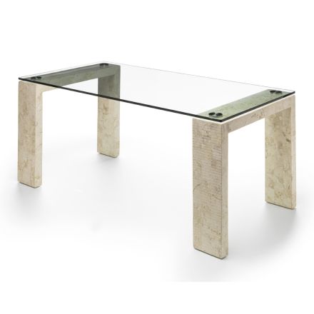 Table d'intérieur de style moderne en verre et pierre fossile - Mistra Viadurini