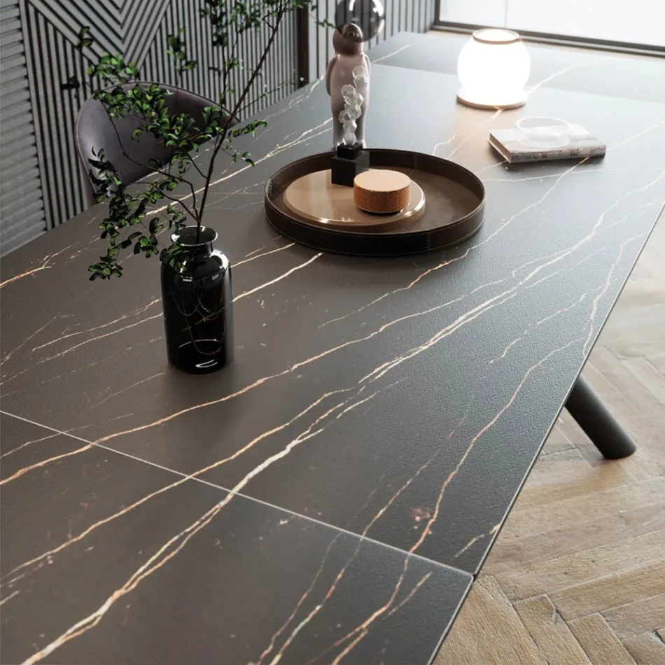Table de salle à manger extensible (200/230 cm) en verre, céramique et métal - Naisha Viadurini