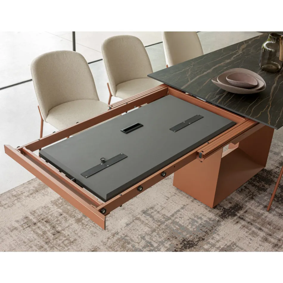 Table à manger extensible jusqu'à 298 cm en céramique et métal fabriquée en Italie - Tournesol Viadurini