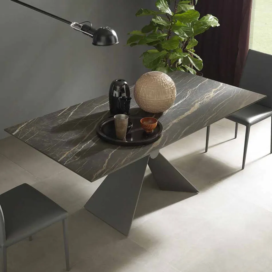 Table à manger extensible jusqu'à 298 cm en métal et plateau en céramique - Anaconda Viadurini