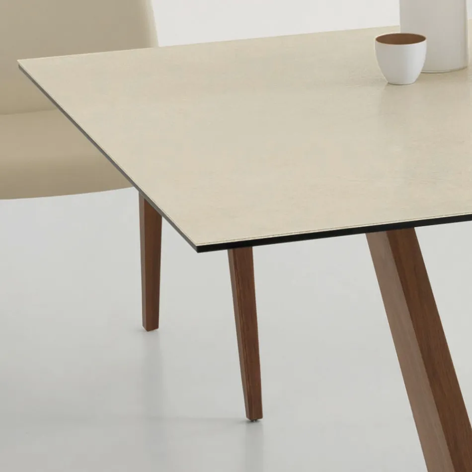 Table à manger extensible jusqu'à 3 m en céramique et pieds en bois - Cesteo Viadurini