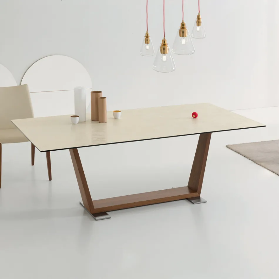 Table à manger extensible jusqu'à 3 m en céramique et pieds en bois - Cesteo Viadurini