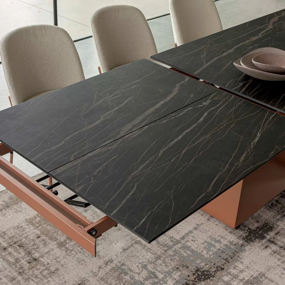 Table de salle à manger extensible jusqu'à 280 ou 298 cm, en céramique et métal - Revia Viadurini