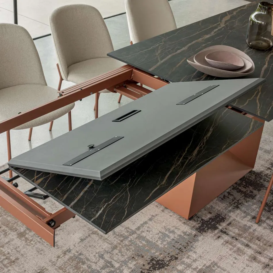 Table de salle à manger extensible jusqu'à 280 ou 298 cm, en céramique et métal - Revia Viadurini