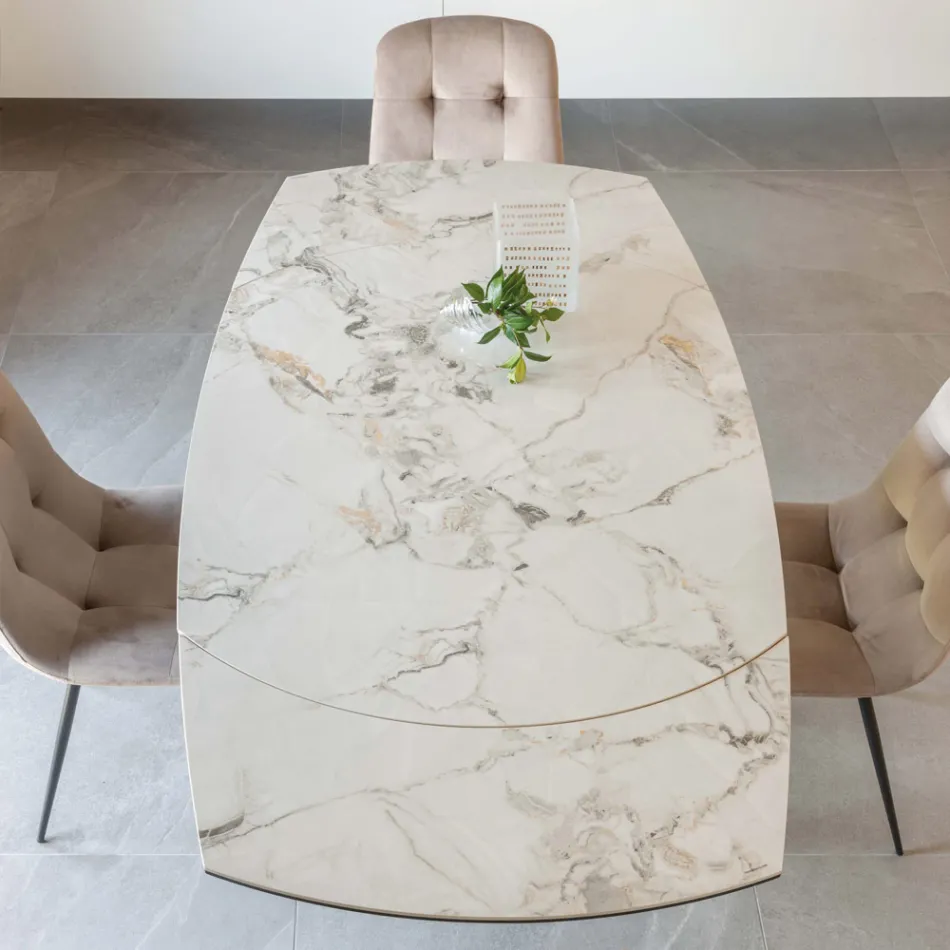 Table à manger extensible en céramique et base en métal - Indira Viadurini