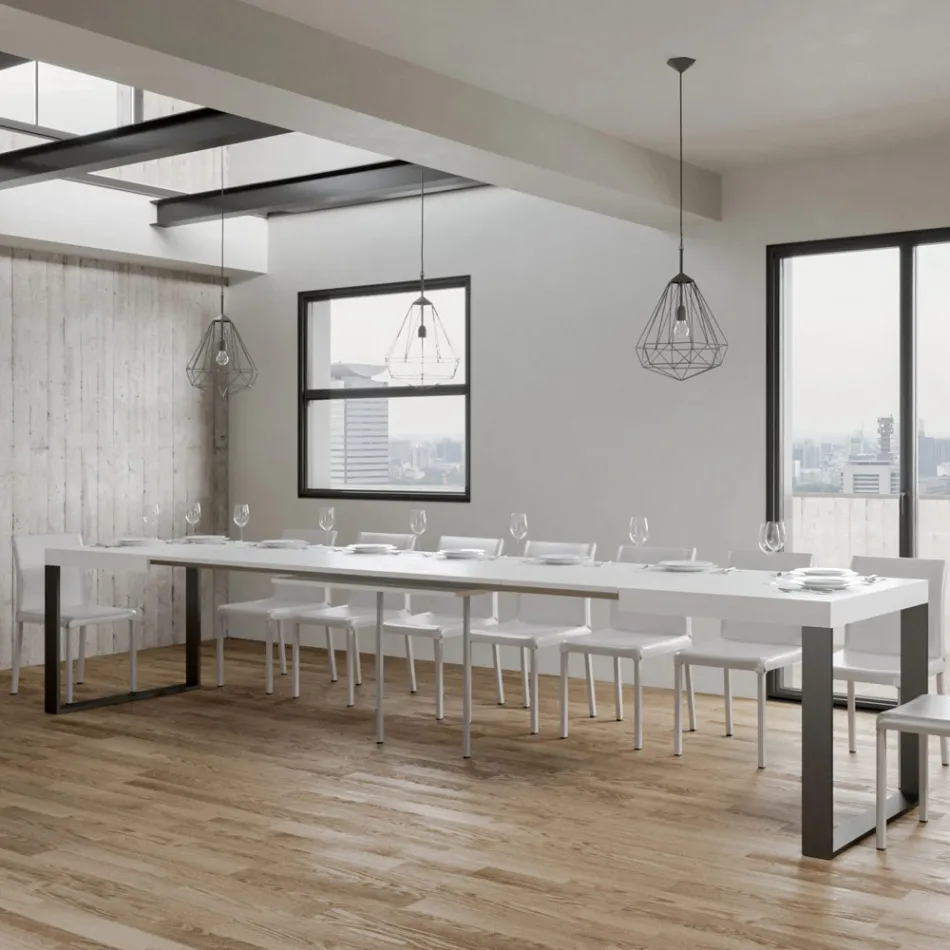 Table à manger extensible en bois mélaminé et fer fabriquée en Italie - Badesi Viadurini