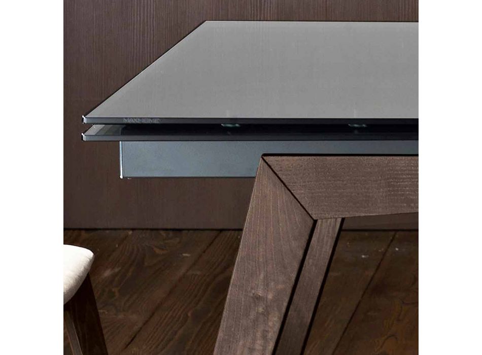 Table extensible en verre fumè et bois massif fabriquée en Italie, Dimitri