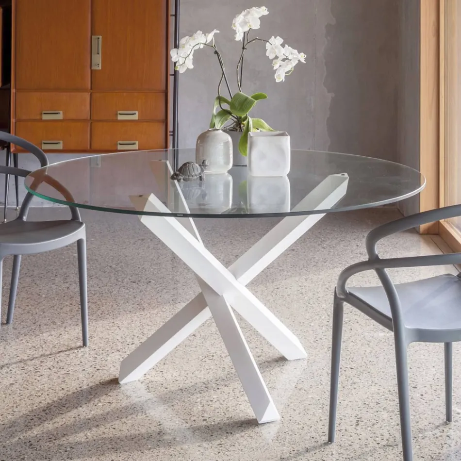Table de salle à manger avec base en hêtre massif et plateau en verre trempé - Evergreen Viadurini