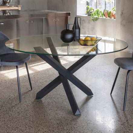 Table de salle à manger avec base en hêtre massif et plateau en verre trempé - Evergreen Viadurini