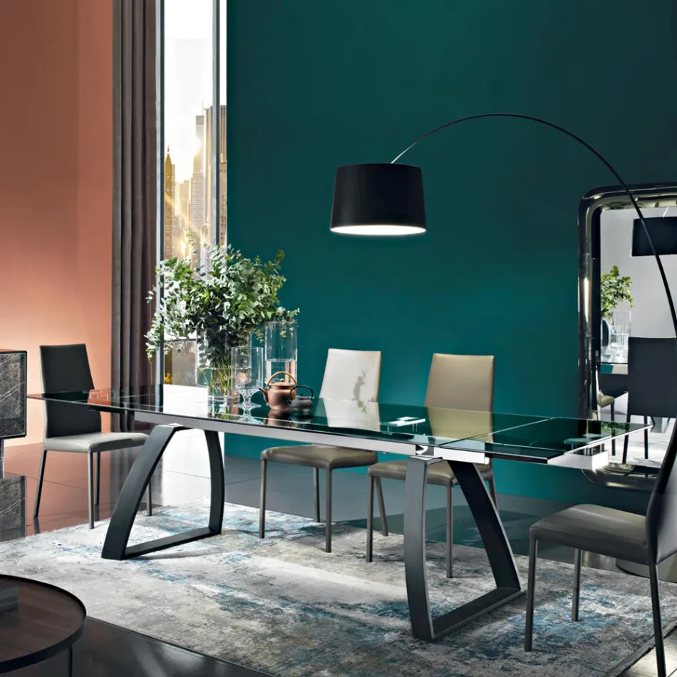 Table à manger avec plateau en verre extensible fabriquée en Italie - Antimo Viadurini
