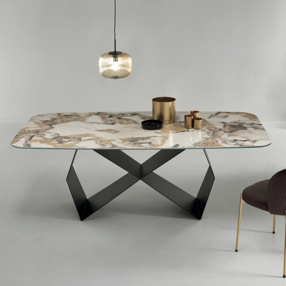 Table à manger avec plateau en céramique effet marbre Made in Italy - Mirco Viadurini
