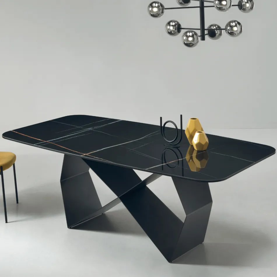 Table à manger avec plateau en céramique effet marbre Made in Italy - Mirco Viadurini