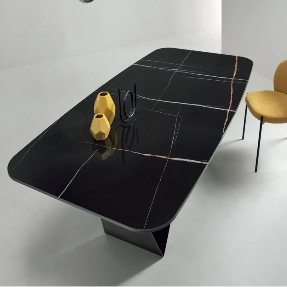 Table à manger avec plateau en céramique effet marbre Made in Italy - Mirco Viadurini