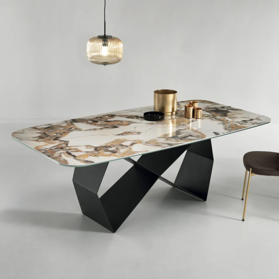 Table à manger avec plateau en céramique effet marbre Made in Italy - Mirco Viadurini