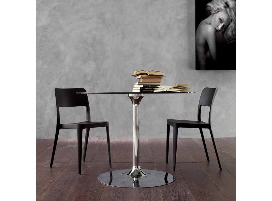Table à manger avec plateau en cristal et base chromée Made in Italy - Tallio Viadurini