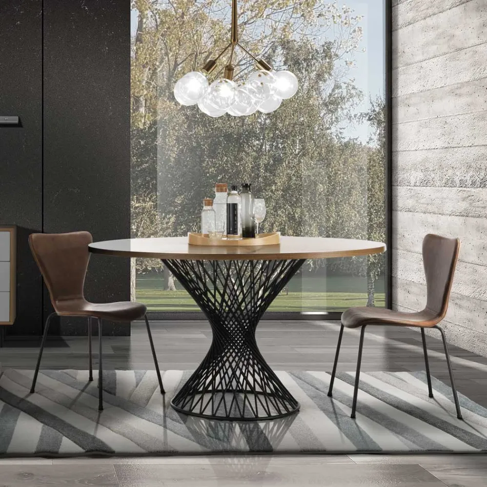 Table de Salle à Manger avec Plateau Rond en Mdf Plaqué Chêne - Emmanuel Viadurini