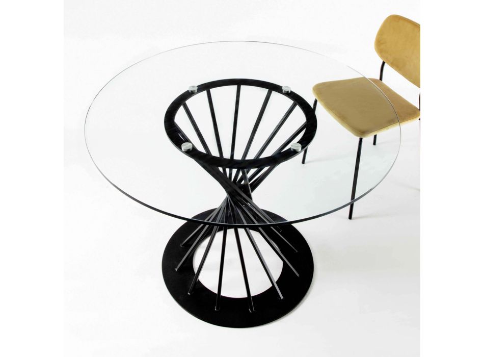 Table à manger avec plateau rond en verre trempé et base en acier - Mileto Viadurini