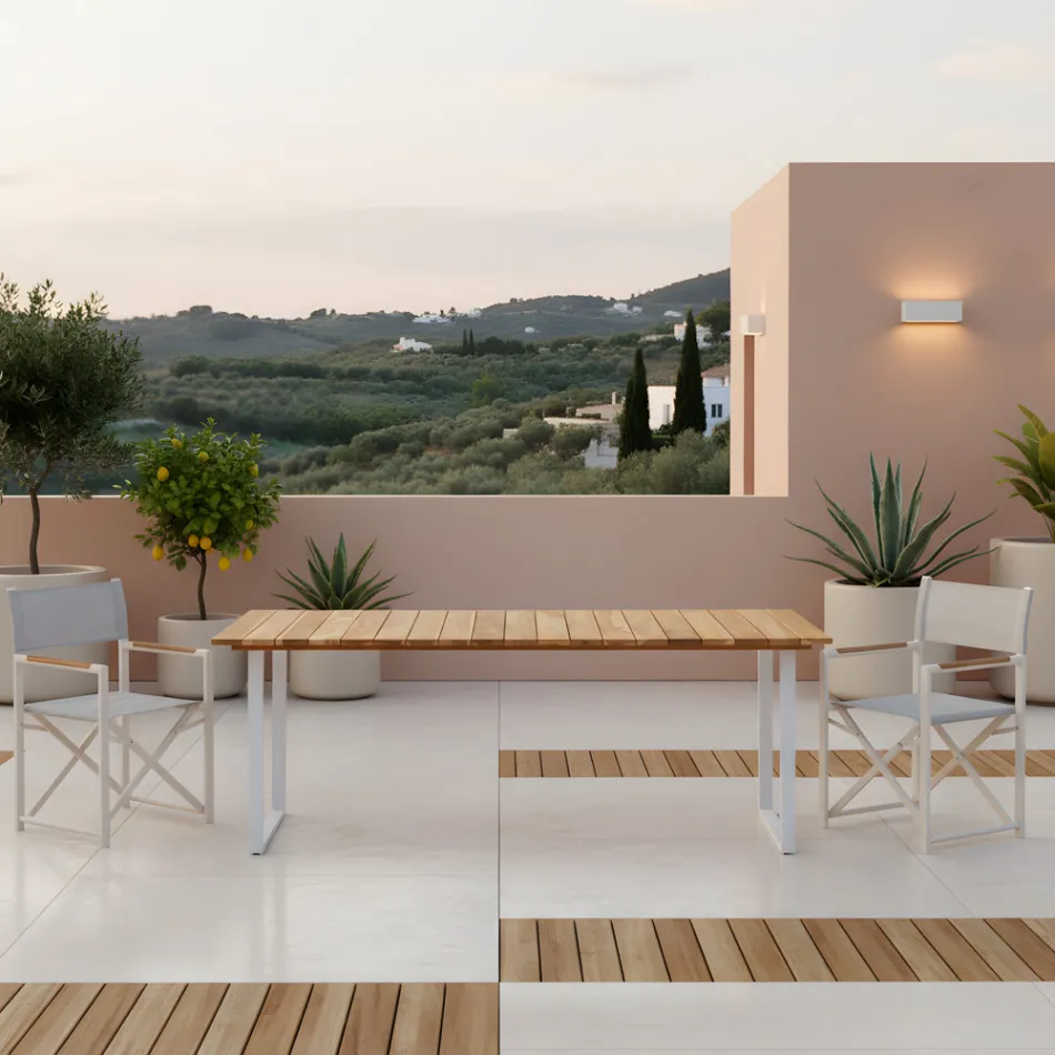 Table à manger d'extérieur avec plateau en teck naturel brossé - Mistral Viadurini