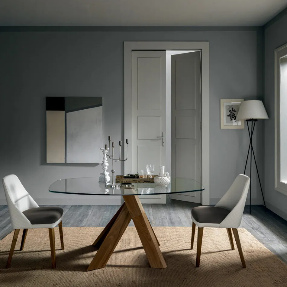 Table à manger de salon avec plateau en verre et pieds en bois - Botanical Viadurini