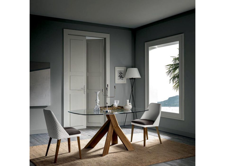 Table à manger de salon avec plateau en verre et pieds en bois - Botanical Viadurini
