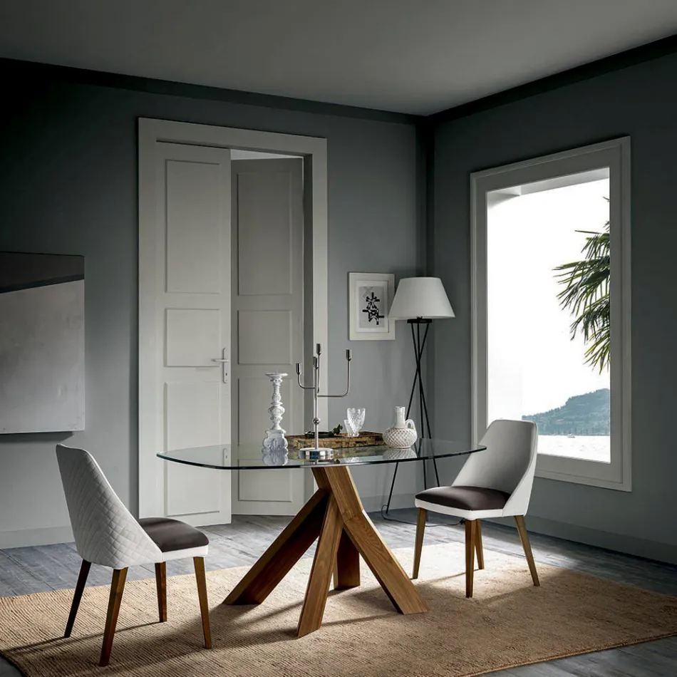 Table à manger de salon avec plateau en verre et pieds en bois - Botanical Viadurini