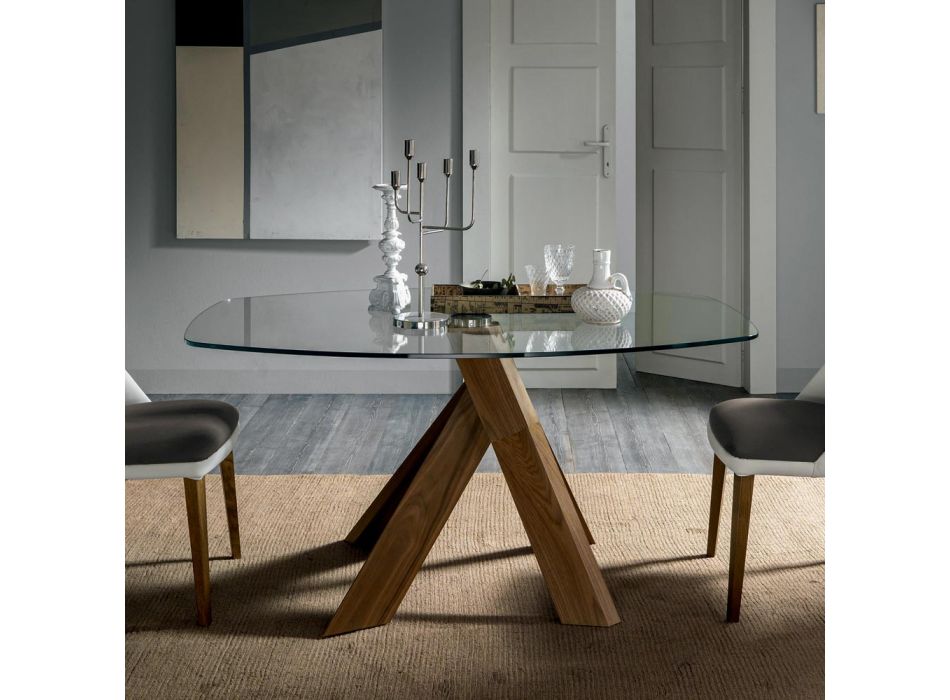 Table à manger de salon avec plateau en verre et pieds en bois - Botanical Viadurini