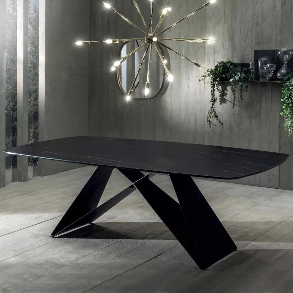 Table à manger design en céramique effet Portoro et métal mat - Falcon Viadurini