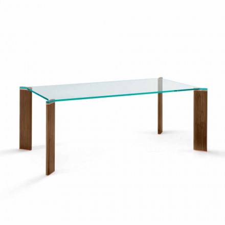 Table à manger de luxe avec plateau en verre et pieds en bois 4 tailles - Kuduro Viadurini