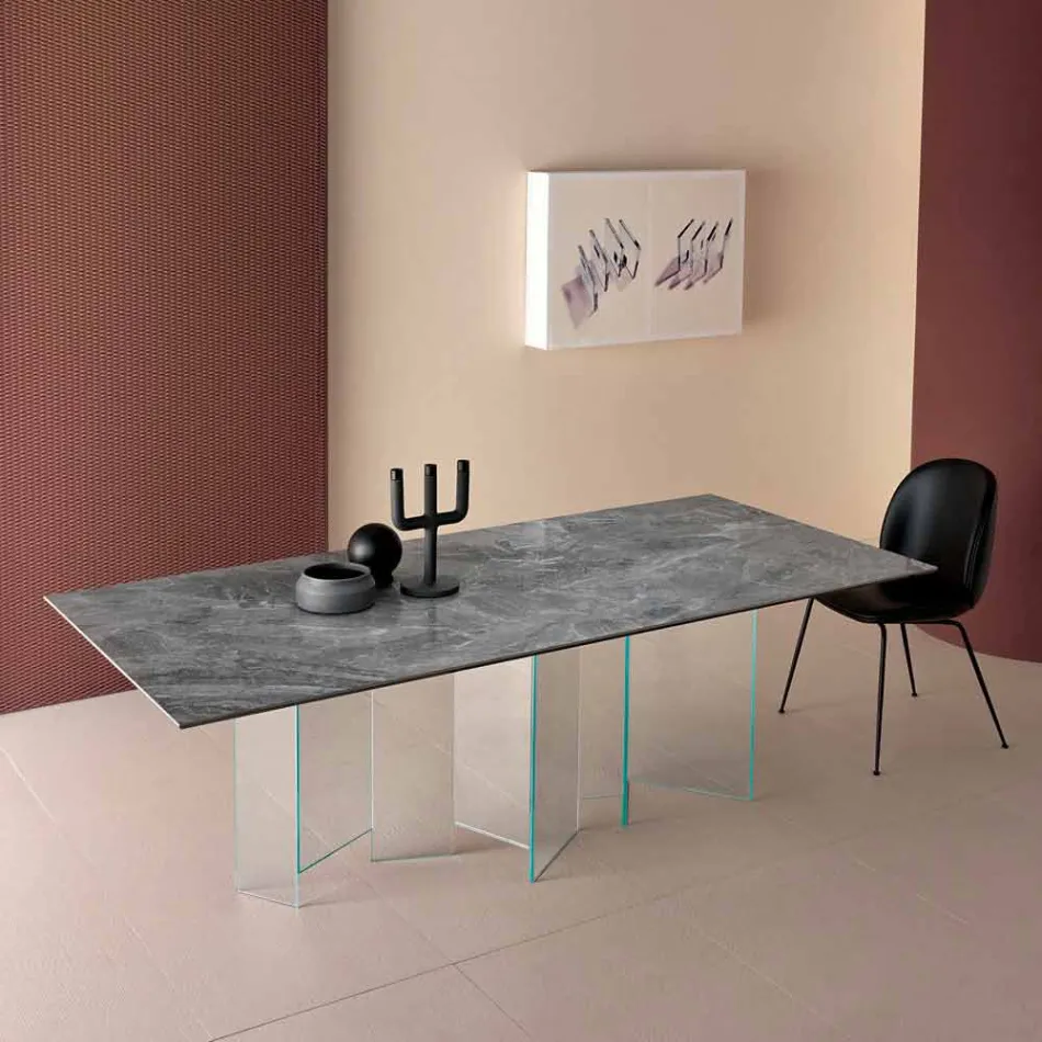 Table à manger en céramique et base en verre extralight fabriquée en Italie - aléatoire Viadurini