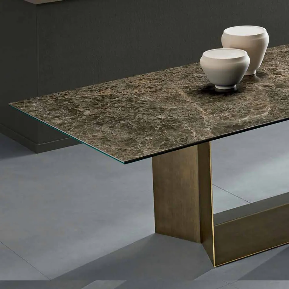Table de Salle à Manger Emperador en Céramique et en Bronze Fabriqué en Italie - Marron Foncé Viadurini