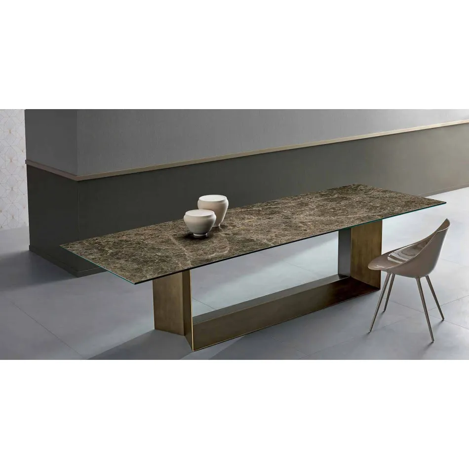 Table de Salle à Manger Emperador en Céramique et en Bronze Fabriqué en Italie - Marron Foncé Viadurini