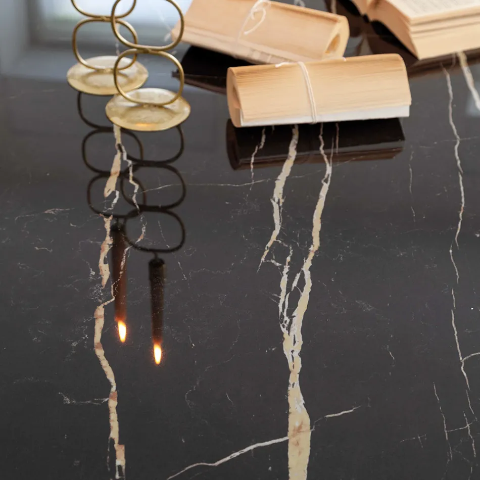 Table à manger en céramique polie Florim Thunder Night et acier - Medunotav Viadurini