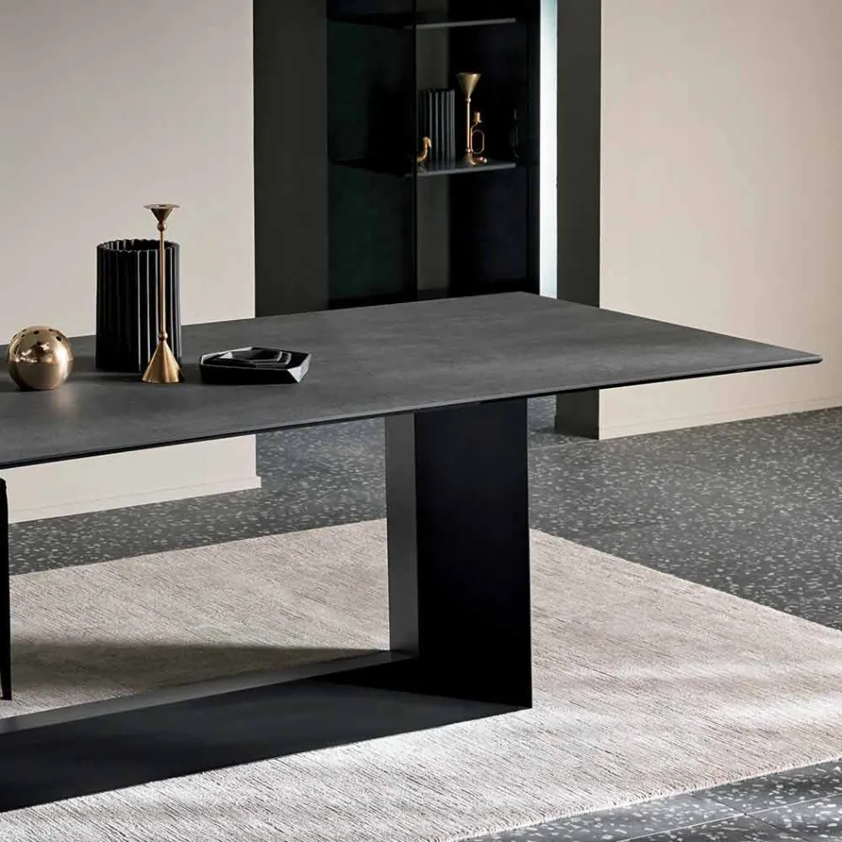 Table de salle à manger en céramique de pierre de Savoie anthracite fabriquée en Italie - Brun foncé Viadurini