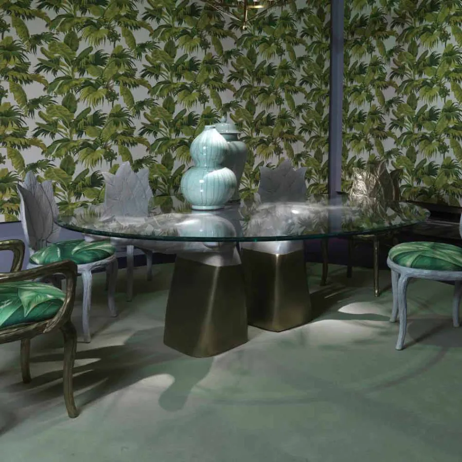 table à manger en bois avec plateau en verre, fabriqué en Italie, Bartolo Viadurini