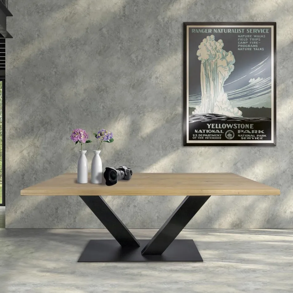 Table à Manger en Chêne Plaqué Masellato et Métal Made in Italy - Riad Viadurini