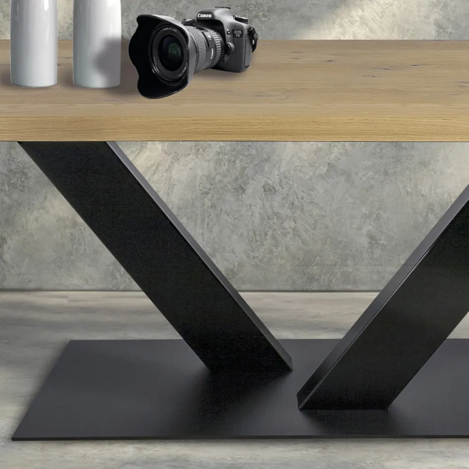 Table à Manger en Chêne Plaqué Masellato et Métal Made in Italy - Riad Viadurini