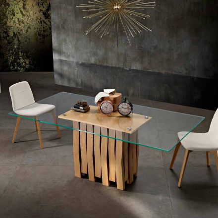 Table à manger en verre et bois massif fabriqué en Italie, Egisto Viadurini