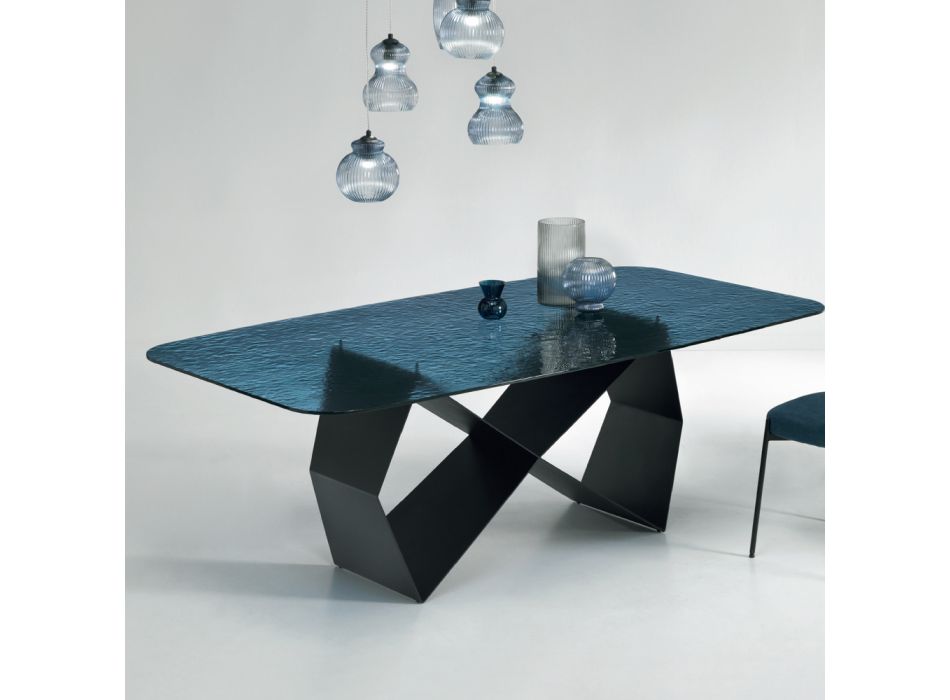 Table à manger en verre martelé et métal noir Made in Italy - Mirco Viadurini