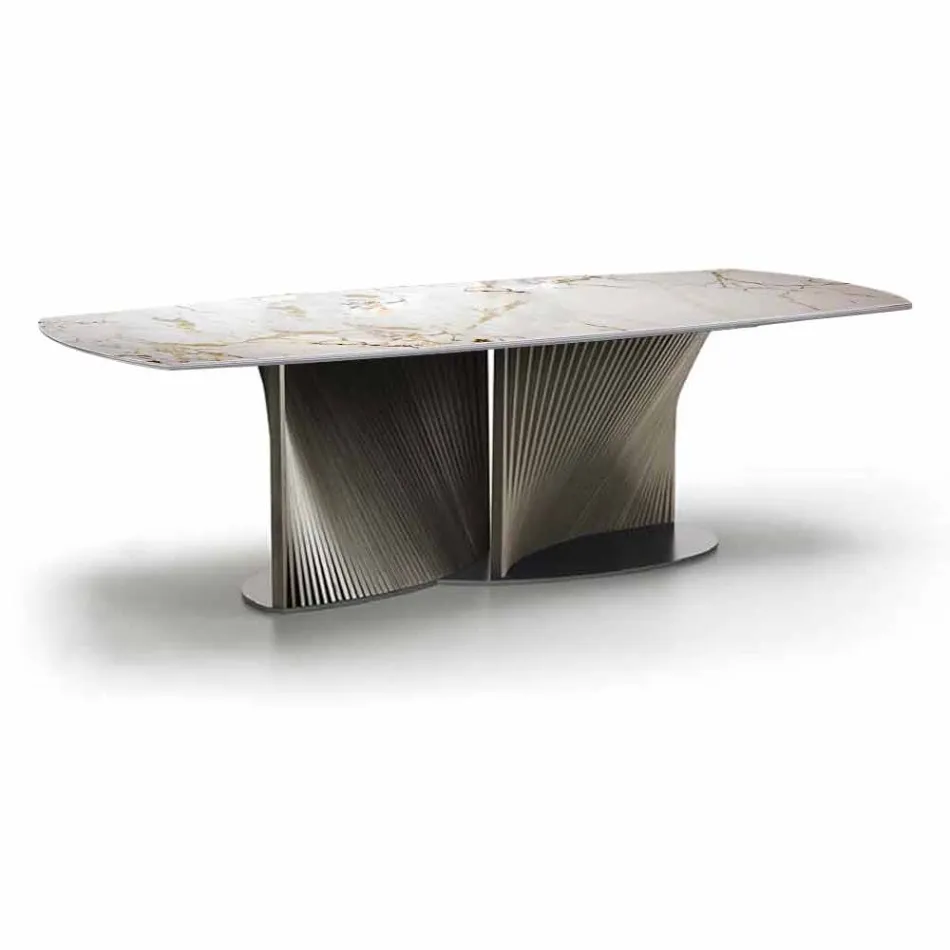 Table à manger moderne en grès et bois de frêne fabriqué en Italie - Croma Viadurini