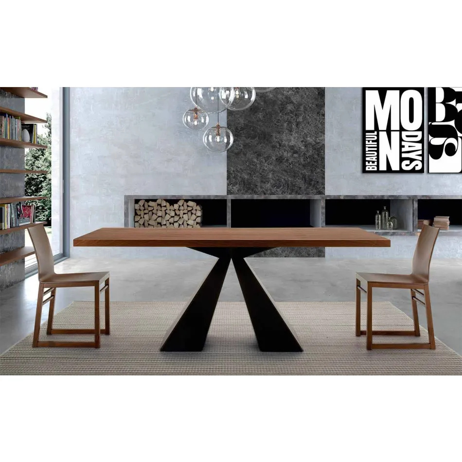 Table à manger moderne en bois plaqué et acier fabriquée en Italie - Dalmata Viadurini
