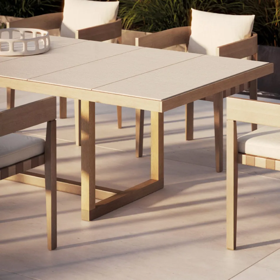 Table à manger de jardin en bois d'Iroko et grès Made in Italy - Bresson Viadurini