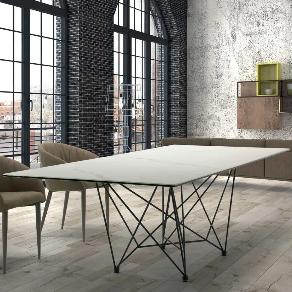 Table à manger Plateau en Laminam et base en acier Made in Italy - Ezzellino Viadurini