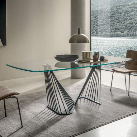 Table à manger plateau en verre et base en cordes métalliques 2 tailles - Alariko Viadurini