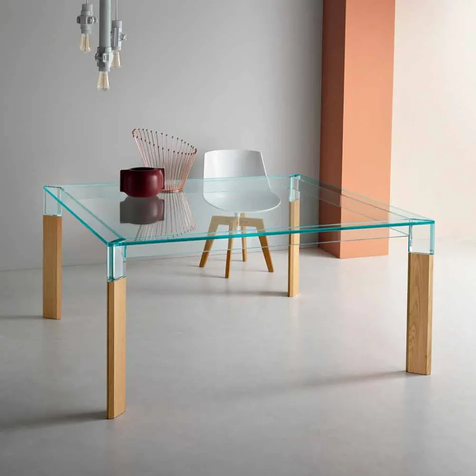 Plateau en verre et base en bois massif Made in Italy - Presino Viadurini