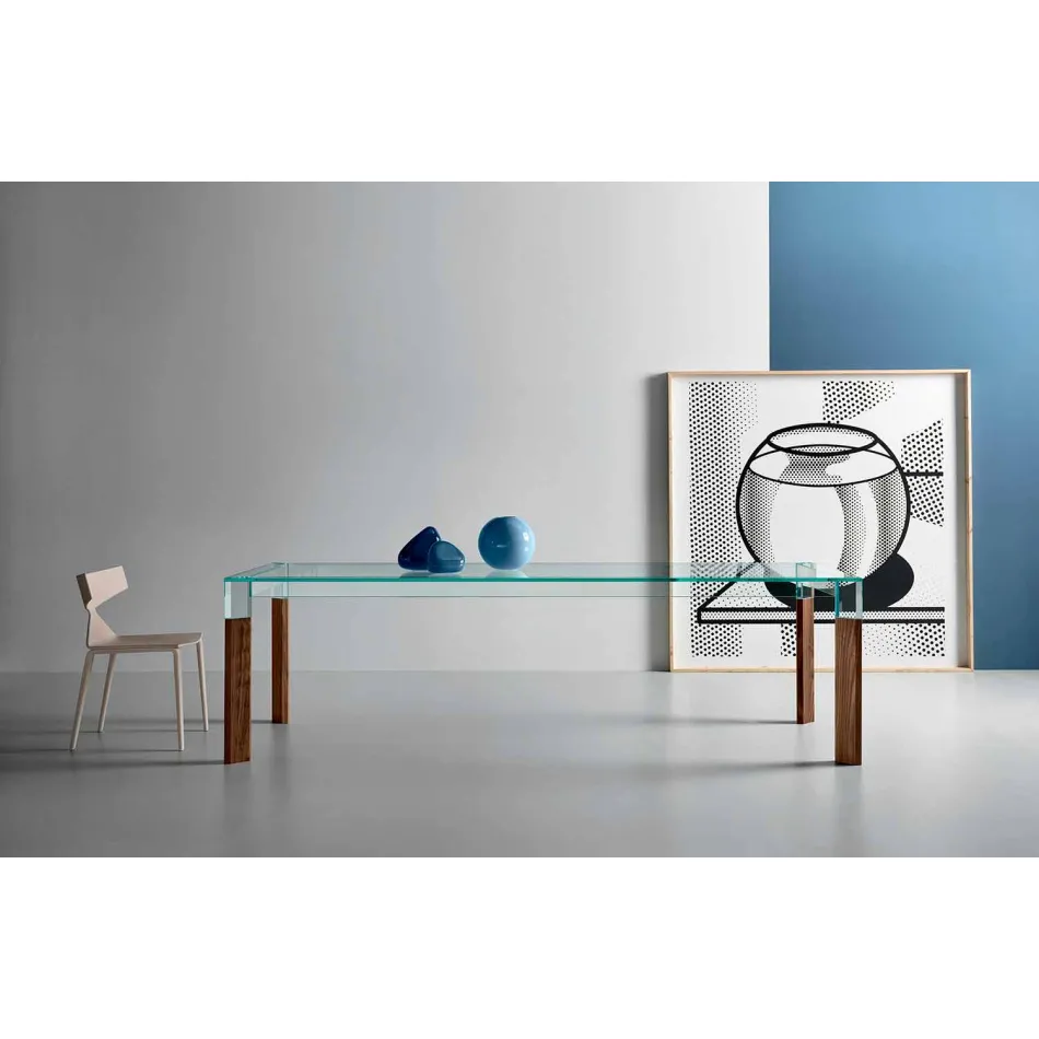 Plateau en verre et base en bois massif Made in Italy - Presino Viadurini