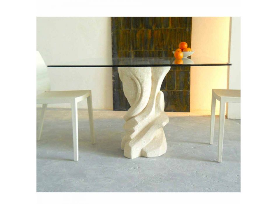 Table carrée à manger en pierre avec plateau en verre Leda Viadurini