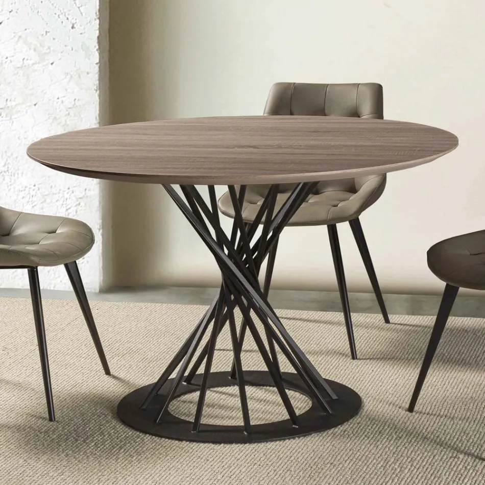 Table à manger ronde avec plateau en bois laminé et base en acier - Mileto Viadurini