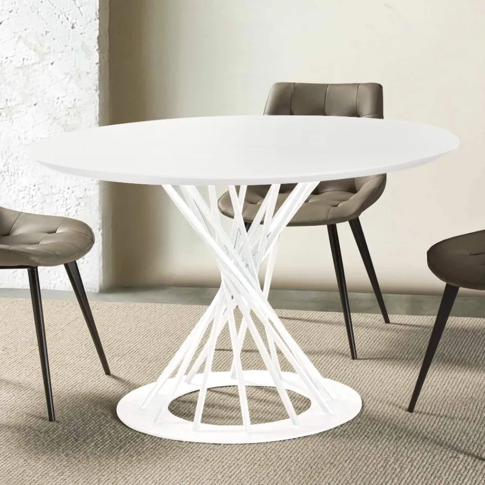 Table à manger ronde avec plateau en bois laminé et base en acier - Mileto Viadurini