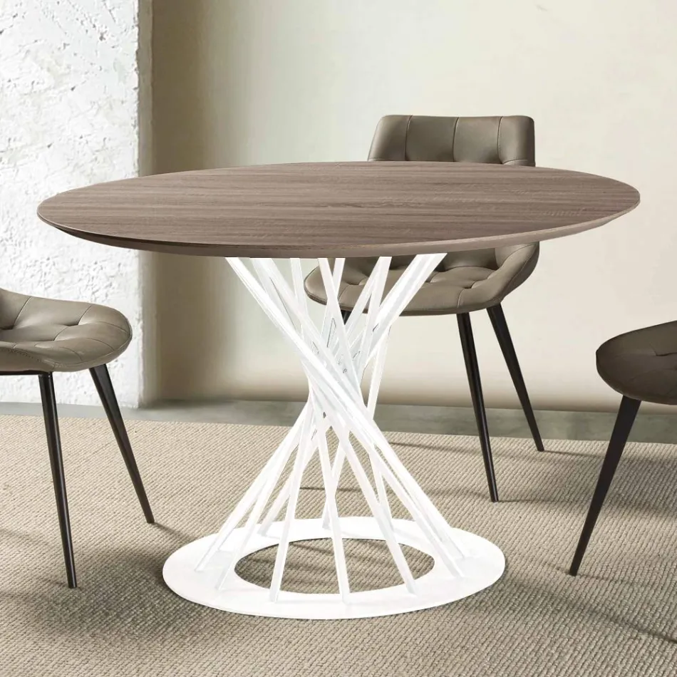 Table à manger ronde avec plateau en bois laminé et base en acier - Mileto Viadurini